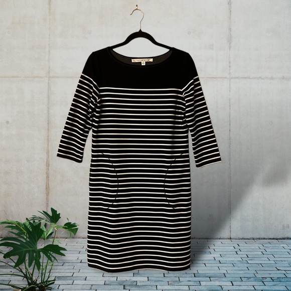Max Studio Black & White Striped 3/4 Sleeve Shift Dress - Picture 1 of 15